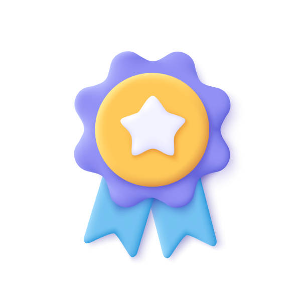 Winner medal with star and ribbon. 3d vector icon. Cartoon minimal style. Premium quality, quality guarantee symbol. Winner medal with star and ribbon. 3d vector icon. Cartoon minimal style. Premium quality, quality guarantee symbol. celebrities illustrations stock illustrations