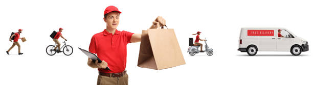 istock Fast food delivery workers with different transportation vehicles 1357548437