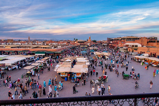 Crowd in Jemaa el Fna square in late afternoon, also Jemaa el-Fnaa, Djema el-Fna or Djemaa el-Fnaa is a square and market place in Marrakech's medina quarter, old city. Marrakesh, Morocco, Africa
