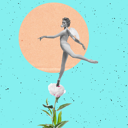 Angel flying. Graceful ballet dancer, young beautiful girl on flower isolated over abstract background. Concept of activity, art, music, dance. Contemporary art collage, modern desing.