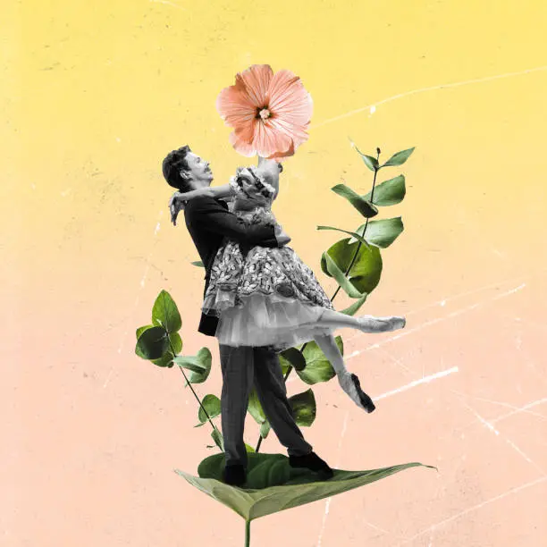 Photo of Contemporary art collage, modern design. Couple of dancers headed with flowers and plants on light background. Surrealism