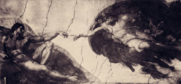 THE CREATION OF ADAM (XXXL with lots of details) The creation of Adam by Michael Angelo . The famous fresco, embodying the history of the Creation, witch decorates the celling of the Sistine Chapel, was completed in 1512 after four and half years of incessant work. Vintage engraving circa late 19th century. Digital restoration by Pictore. adam and eve painting stock illustrations