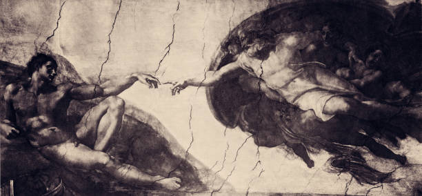 THE CREATION OF ADAM (XXXL with lots of details) The creation of Adam by Michael Angelo . The famous fresco, embodying the history of the Creation, witch decorates the celling of the Sistine Chapel, was completed in 1512 after four and half years of incessant work. Vintage engraving circa late 19th century. Digital restoration by Pictore. roots music stock illustrations