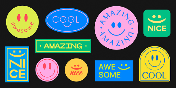 Set Of Smile Stickers Vector Design. Cool Trendy Patches Background. Hipster Badges.