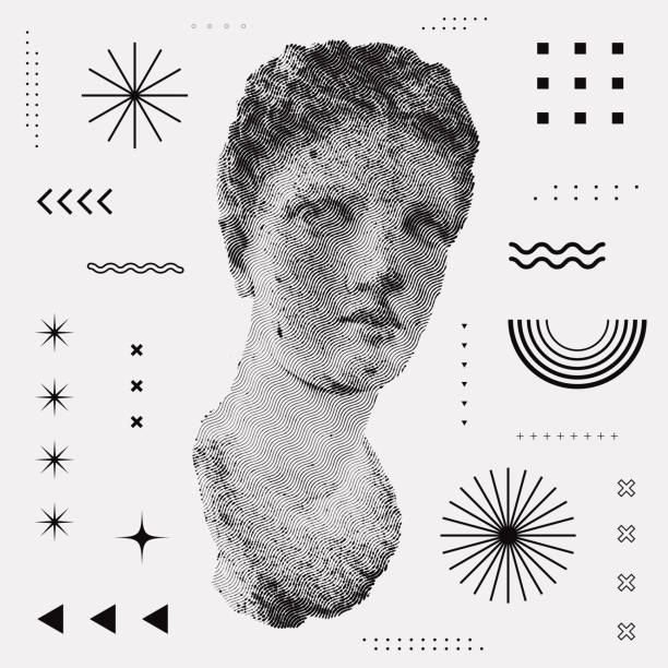 illustrazioni stock, clip art, cartoni animati e icone di tendenza di cool textured greek sculpture vector design. sfondo geometrico astratto con design vettoriale del busto della statua. - cultura greca