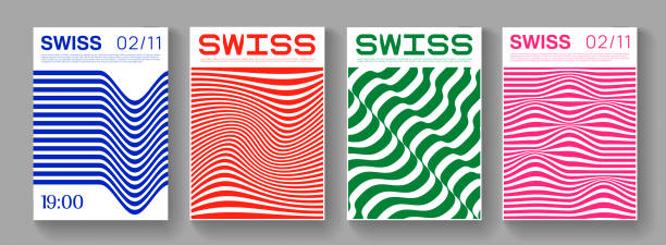 коллекция швейцарских дизайнерских полосатых плакатов. мета современные графические элементы. абстрактные современные геометрические по - культура швейцарии stock illustrations