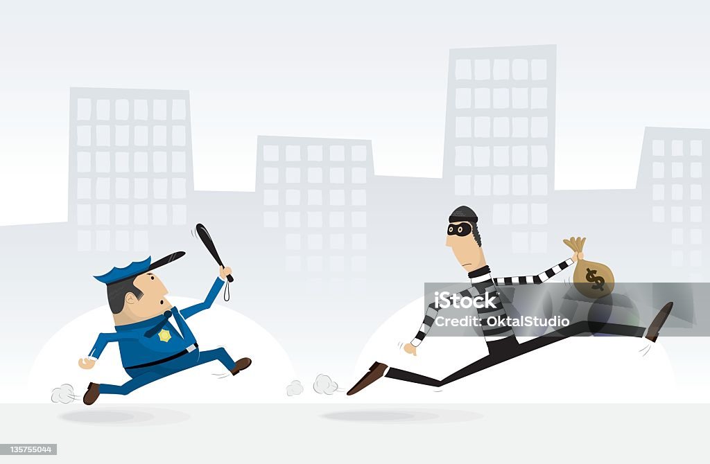 Vector Cartoon Of Policeman Chasing A Burglar Stock Illustration - Download  Image Now - Police Force, Bank Robber, Thief - iStock