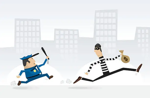 Vector illustration of Vector cartoon of policeman chasing a burglar