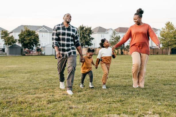 Family enjoying springtime outdoors with kids