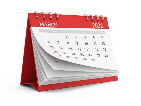 2022 Red March calendar on white background with clipping path.