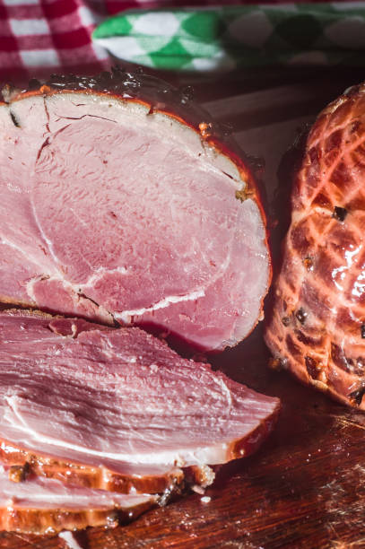 istock Traditional Sliced Honey Glazed Ham Ready for the Holidays,Christmas concept,selective focus and copy space 1357564124