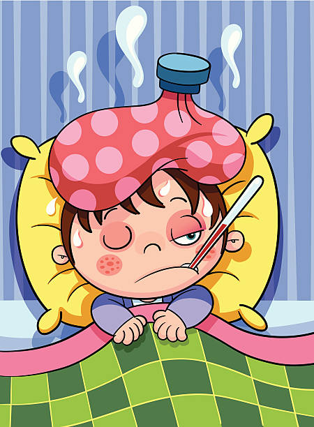 A cartoon of a sick child in bed with thermometer  vector art illustration