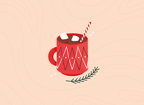 Cute Christmas illustration with a cup of cocoa with marshmallows