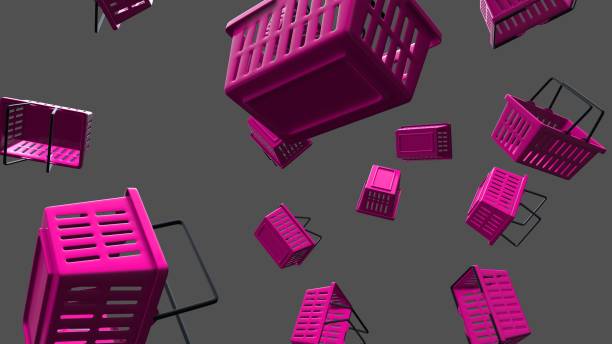 istock Purple shopping baskets on gray background. 1357570774