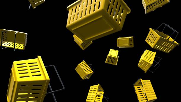 istock Yellow shopping baskets on black background. 1357570830