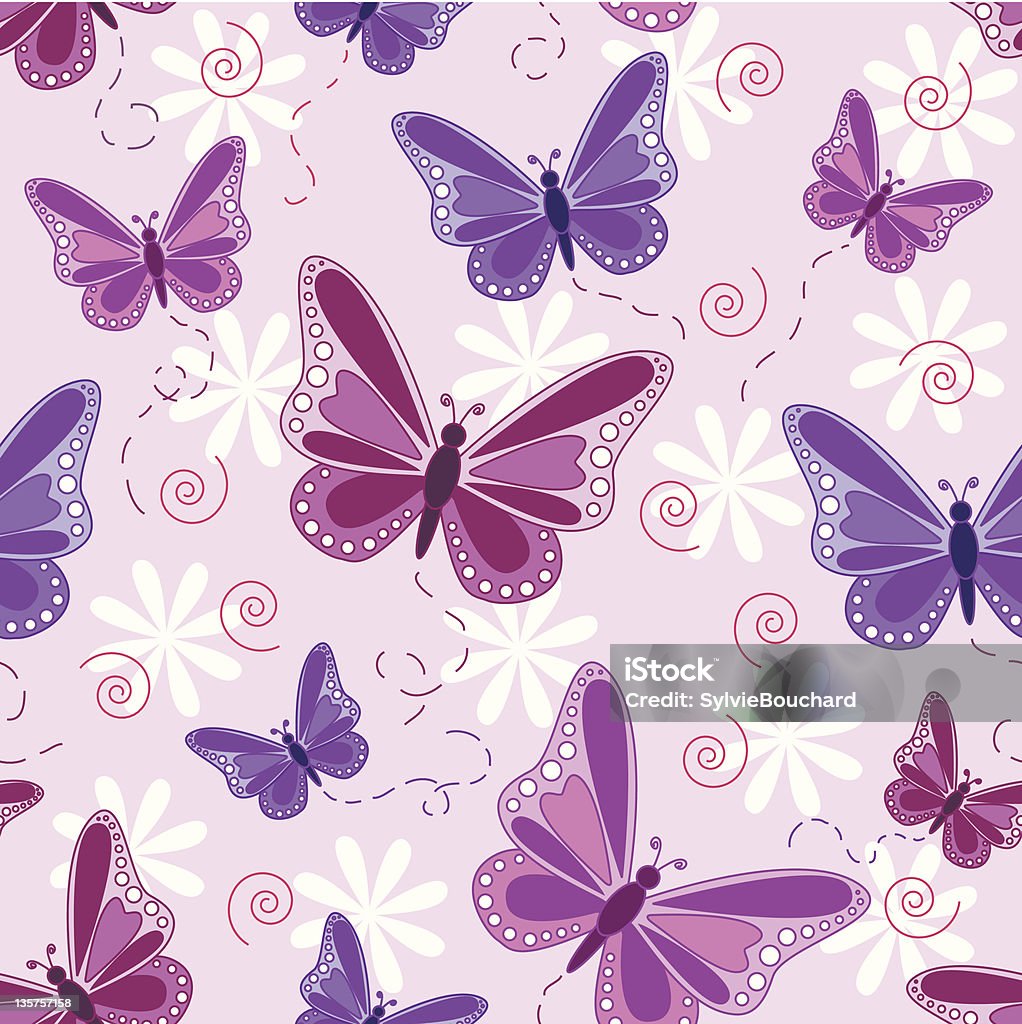 Seamless butterfly pattern Seamless pattern of flying butterflies in shades of pinks and purples with white flowers over pale pink background. Animal stock vector