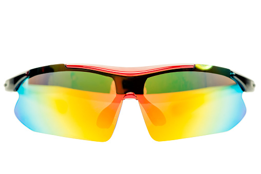 Sports and safety glasses made of black plastic with yellow glasses, shot on a white background.