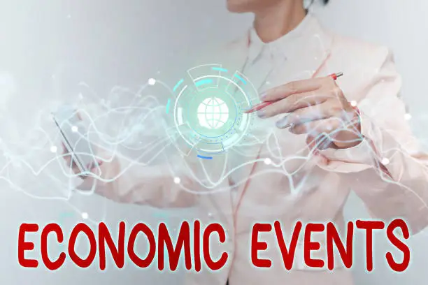 Photo of Sign displaying Economic Events. Word Written on transfer of control of an economic resource to another party Lady In Uniform Using Futuristic Mobile Holographic Display Screen.
