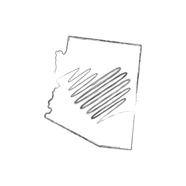 ilustraciones, imágenes clip art, dibujos animados e iconos de stock de mapa de contorno de boceto a lápiz dibujado a mano del estado de arizona con la forma de corazón escrita a mano. ilustración vectorial - arizona map outline silhouette