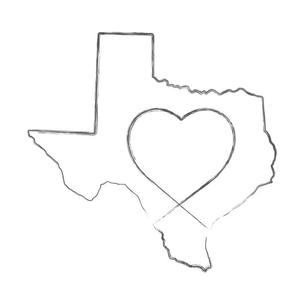 Texas US state hand drawn pencil sketch outline map with the handwritten heart shape. Vector illustration Texas US state hand drawn pencil sketch outline map with heart shape. Continuous line drawing of patriotic home sign. A love for a small homeland. T-shirt print idea. Vector illustration. heart of texas stock illustrations