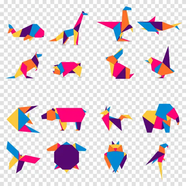 Vector illustration of Set animals origami. Abstract colorful vibrant animals logo design. Animal origami. Vector illustration