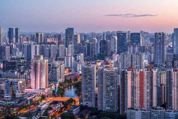 istock Skyline landscape at dusk in Chengdu 1357584641