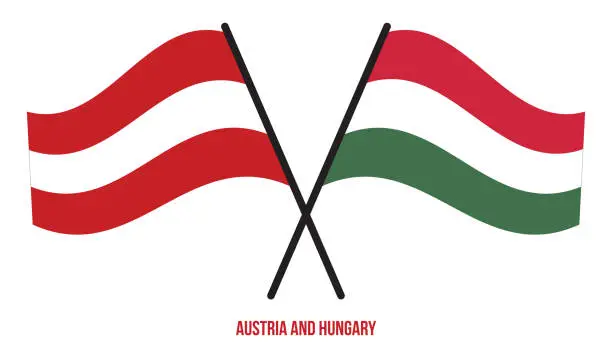 Vector illustration of Austria and Hungary Flags Crossed And Waving Flat Style. Official Proportion. Correct Colors.