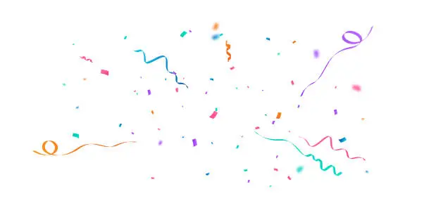 Vector illustration of Celebration background template with confetti and colorful ribbons.