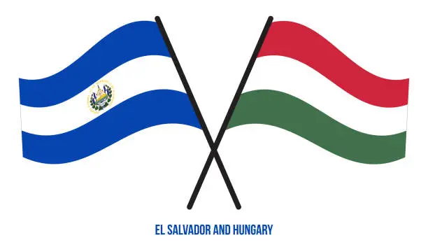 Vector illustration of El Salvador and Hungary Flags Crossed And Waving Flat Style. Official Proportion. Correct Colors.