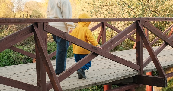 Small child walking with his mother in autumn forest. Family walks across wooden bridge over a stream. The concept of childhood, happy family and lifestyle. Nature, clean air, active rest on weekends