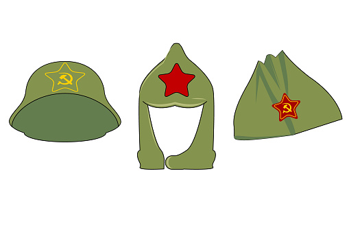 headgear in the era of the Soviet Union. 3 caps with the symbols of the USSR. Green hats of the Red Army with stars, a sickle and a hammer