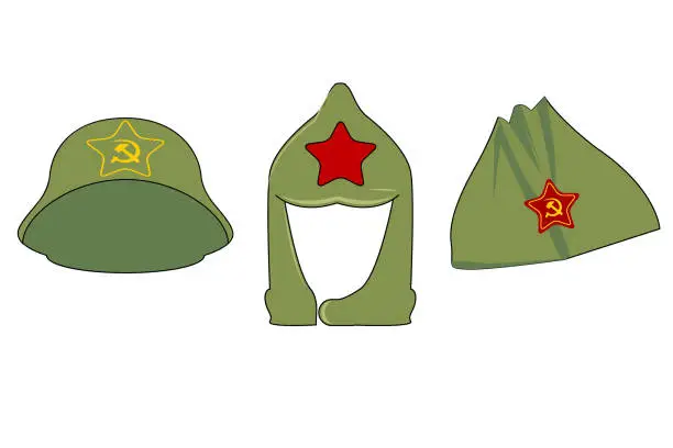 Vector illustration of headgear in the era of the Soviet Union. 3 caps with the symbols of the USSR.