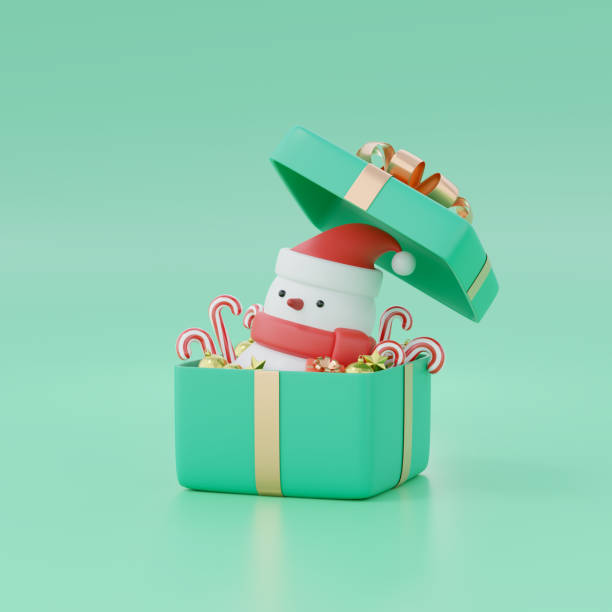 istock 3d render of snowman with Christmas decoration in open gift box. 1357596120