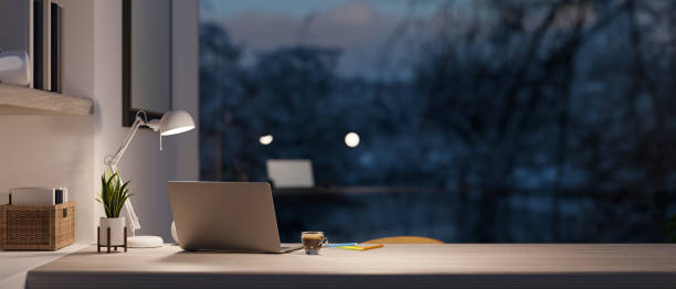 istock Modern home office room with laptop computer and copy space. 1357597072