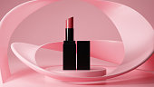 Lipstick mockup in pink pedestal and abstract geometric shapes background.