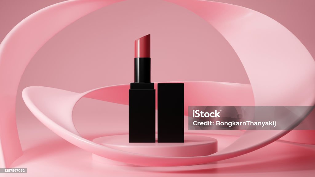 Lipstick mockup in pink pedestal and abstract geometric shapes background. Lipstick mockup in pink pedestal and abstract geometric shapes background. premium beauty makeup presentation. 3d rendering, 3d illustration Lipstick Stock Photo