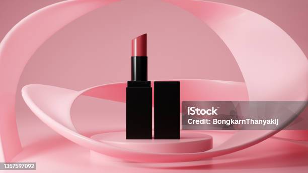 Lipstick Mockup In Pink Pedestal And Abstract Geometric Shapes Background Stock Photo - Download Image Now