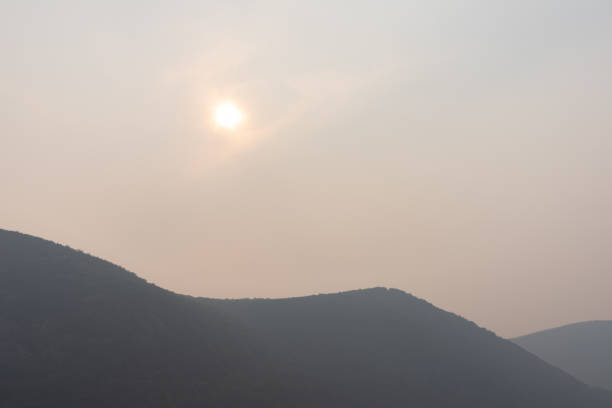 cielo nebbioso e sole dagli incendi boschivi sulla storm king mountain nella primavera fredda di new york - cold spring foto e immagini stock