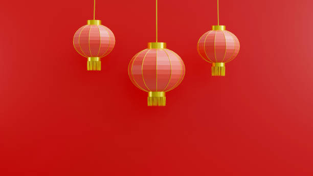 istock Happy Chinese New Year. Chinese lantern cylindrical shape on red 1357597207