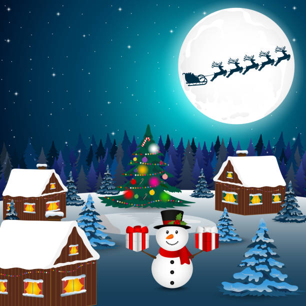 istock Happy snowman with gifts sees off santa claus 1357597519