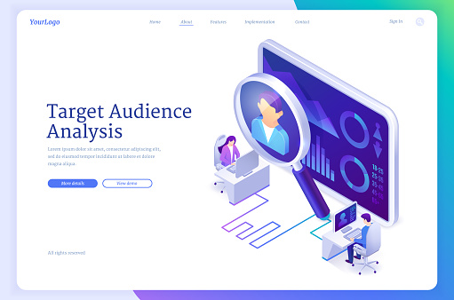 Target audience analysis banner. Customer focus group analytics, research user experience, marketing business strategy concept. Vector landing page with isometric people and client profile on screen