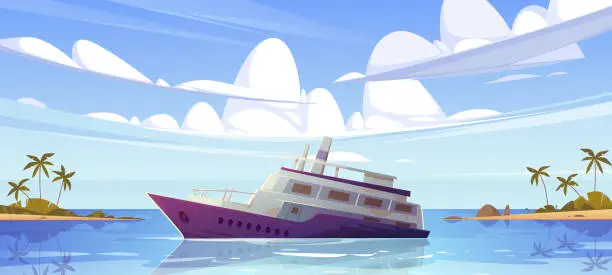 Vector illustration of Sunken cruise ship in ocean near tropical island