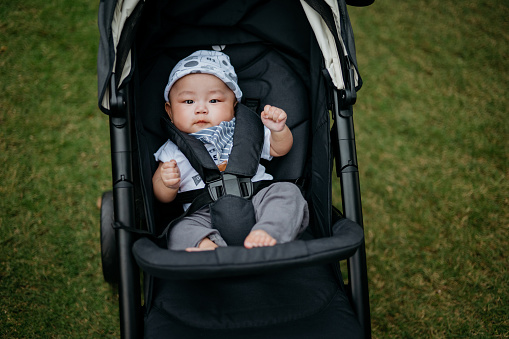 Baby boy in stroller and going out for a walk at public park