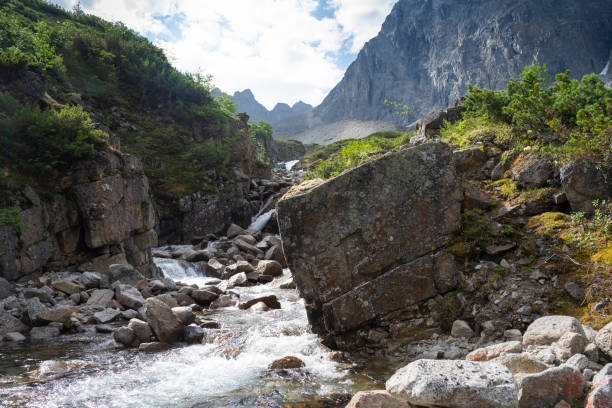 la belle vallée de la rivière middle sakukan avec en toile de fond la chaîne de montagnes kodar. territoire trans-baïkal, parc national de kodar. - russia river landscape mountain range photos et images de collection