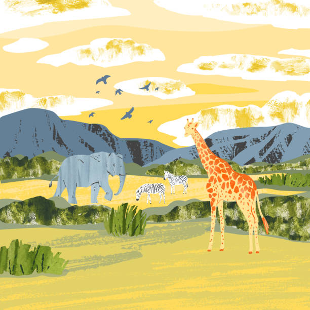Africa. Savanna landscape with animals. Bright hand draw vector Illustration with zebras, giraffe, elephant, birds, mountains, bushes and sunset Africa. Savanna landscape with animals. Reserves and national parks outdoor. Bright hand draw vector Illustration with zebras, giraffe, elephant, birds, mountains, bushes and sunset tanzania stock illustrations