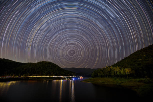 istock Bright Colorful Star Trails On The Lake. 1357615201