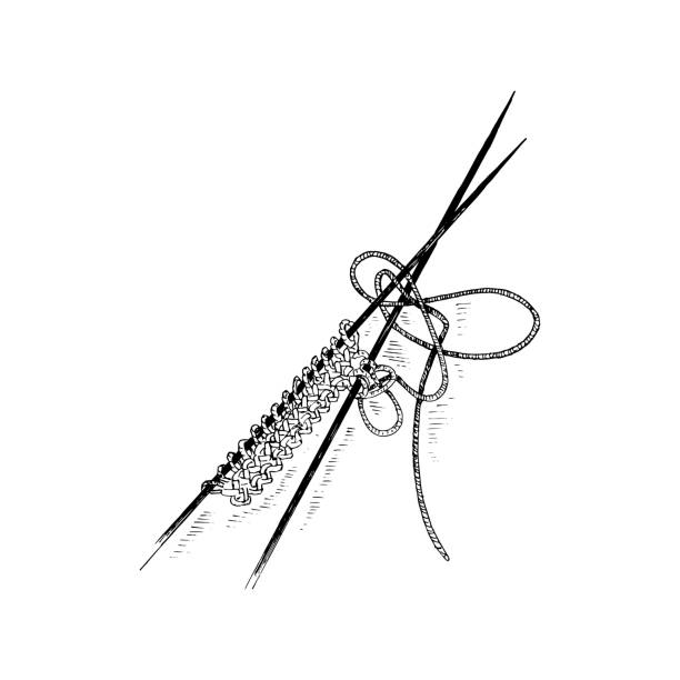вязание спиц с нитками. нарисованный от руки эскиз. простой контурный рисунок. векторная линейная иллюстрация, изолированная на белом цвет� - knitting needle stock illustrations