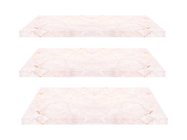 perspective of  three natural pink marble shelves with clipping path for interior design, display, exhibition, showing product stock photo