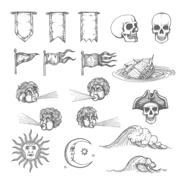 Vintage map, ancient cartography sketch elements Vintage map sketch elements. Sun and moon, wind, tsunami and water wave, skull and pennant. Ancient cartography hand drawn vector decoration, sailing or treasure hunting map pirate skull, sinking ship sinking ship images stock illustrations