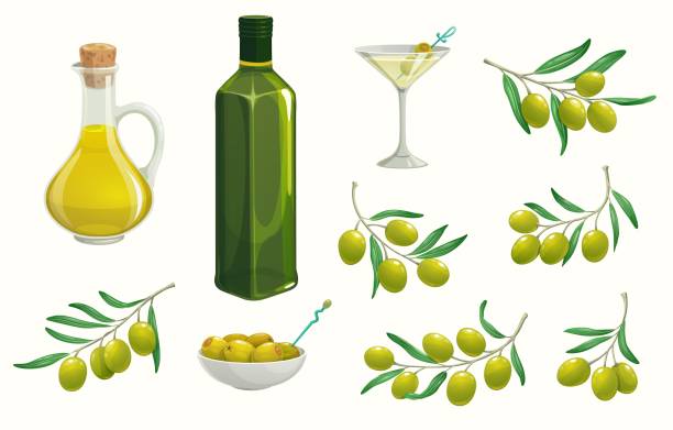 ilustraciones, imágenes clip art, dibujos animados e iconos de stock de aceitunas y aceite verdes aislados, griego, comida italiana - aceite de oliva